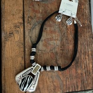 Zebra Silver Tone Black Cord Overlay Pendant Necklace + Matching Earrings Boho